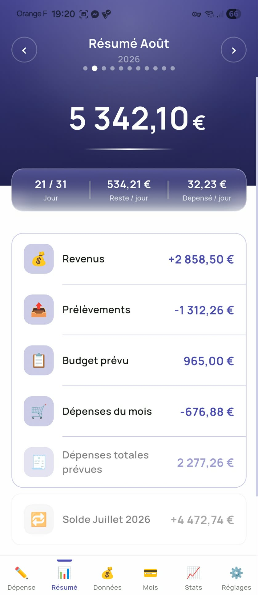 Page Résumé de la version actuelle avec le thème Moderne