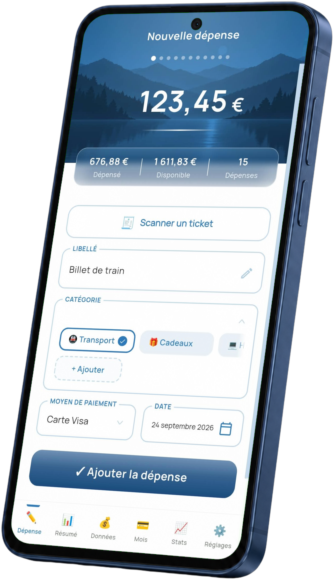 L'application Mon Budget Tranquille, page Nouvelle dépense